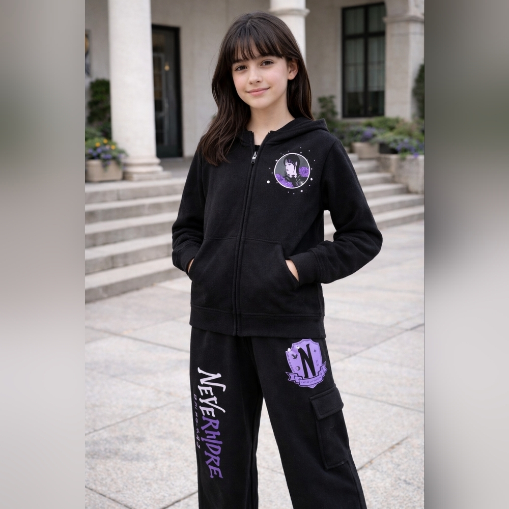 Wednesday Nevermore Academy Girls 2PC Hoodie Jogger Set Black Purple Size L 10/1